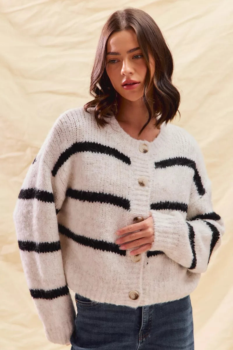 Stripe Soft Touch Button Cozy Sweater Cardigan