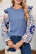 Ruffle Floral Sleeve Patchwork Waffle Top