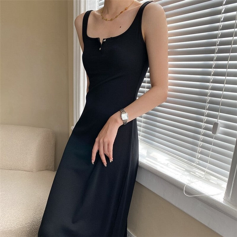 V-Neck Bodycon Dress with Slim Fit and Button-Up Detail