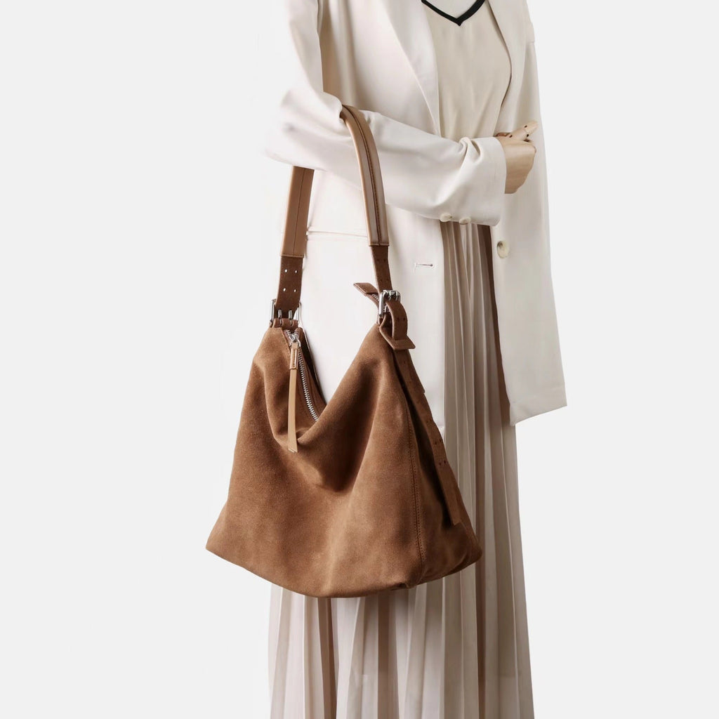 Women's Genuine Leather Bucket Crossbody Shoulder Bag – Retro Suede Soft Structured Handbag