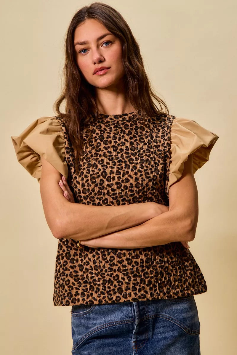 Leopard Pointelle Knit Top with Puff Sleeves