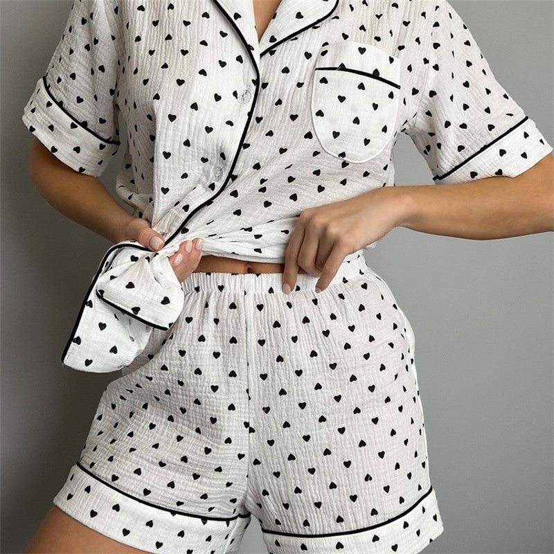 Heart Print Short Sleeve Pajama Set for Women - Breathable Fabric