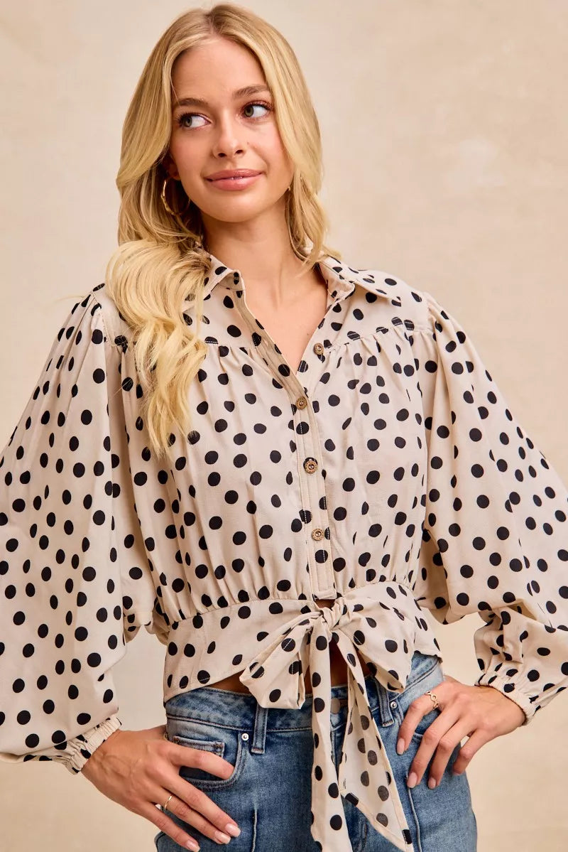 Polka Dot Print Tie Hem Detail Crop Shirt