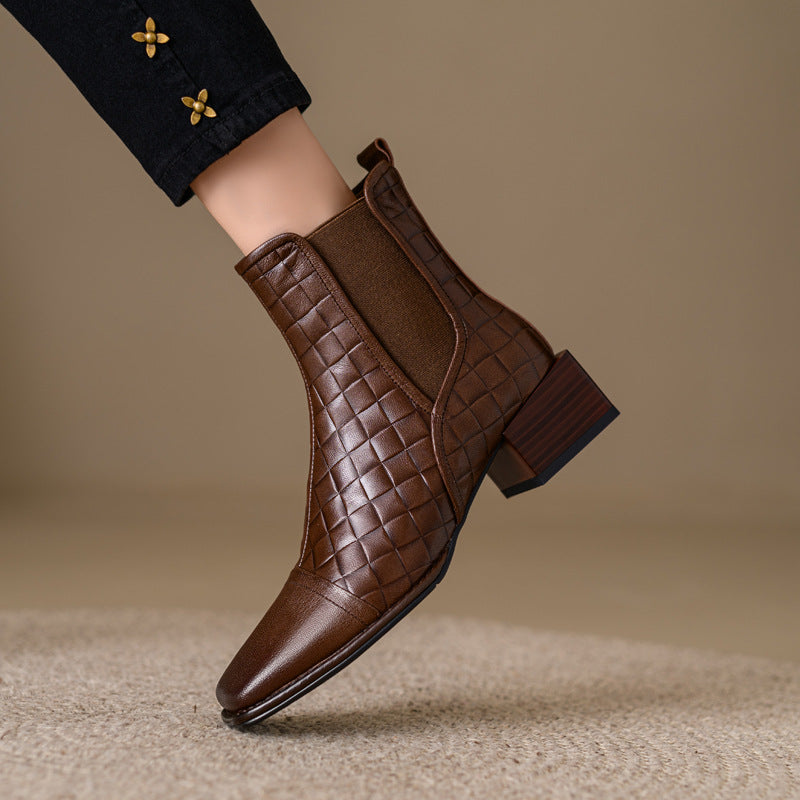 Retro Woven Square-Toe Chunky-Heel Women's Full-Grain Leather Boots with Elastic Side Panels