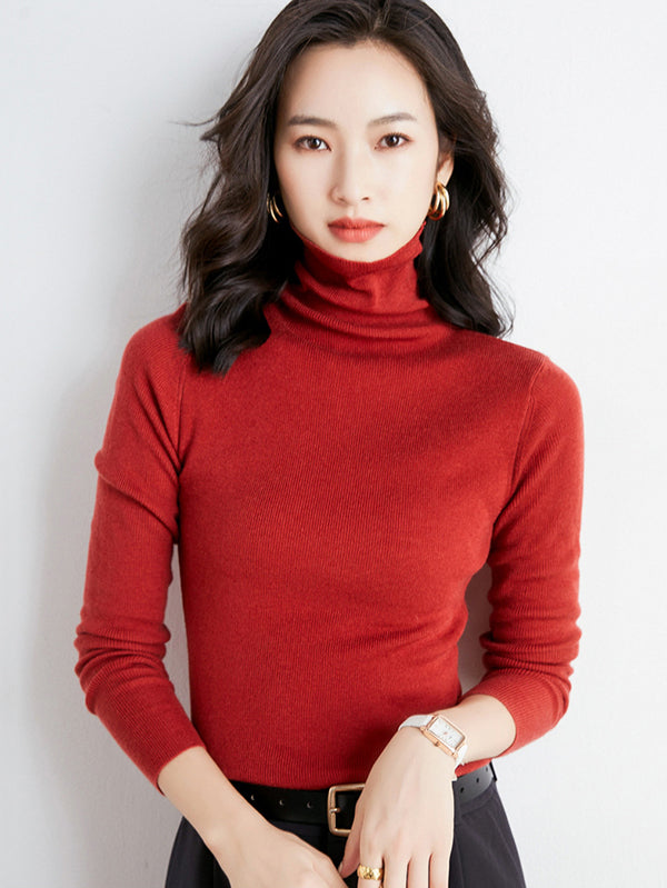 Simple Skinny Long Sleeves Solid Color High-Neck Sweater Tops Pullovers