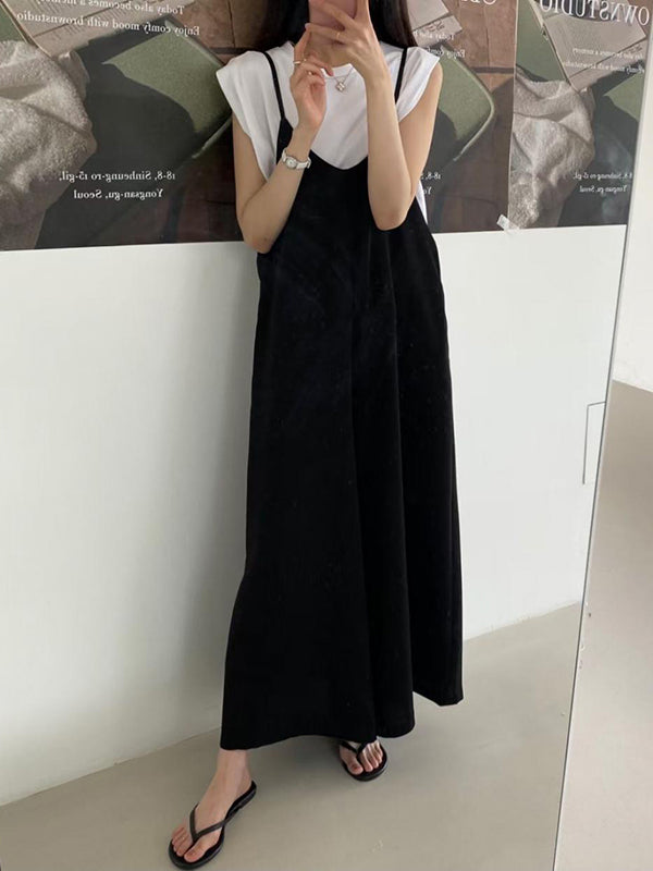 Wide Leg Solid Color Spaghetti-Neck Overalls