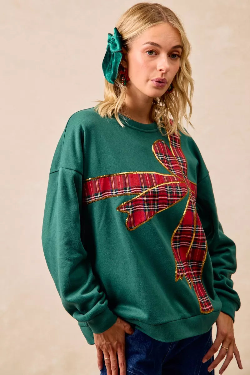 Plaid Ribbon Bow Detail Christmas Fleece Pullover