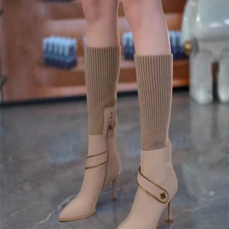 Women's Over-the-Knee Stiletto Boots | Stretchy Knit Pointed Toe Side Zipper