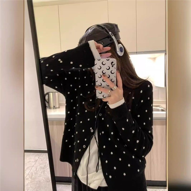 Round Neck Polka Dot Jacquard Knit Cardigan
