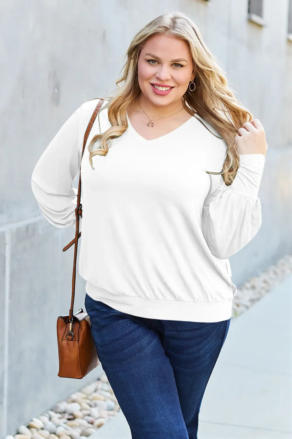 Full Size V-Neck Lantern Sleeve Top