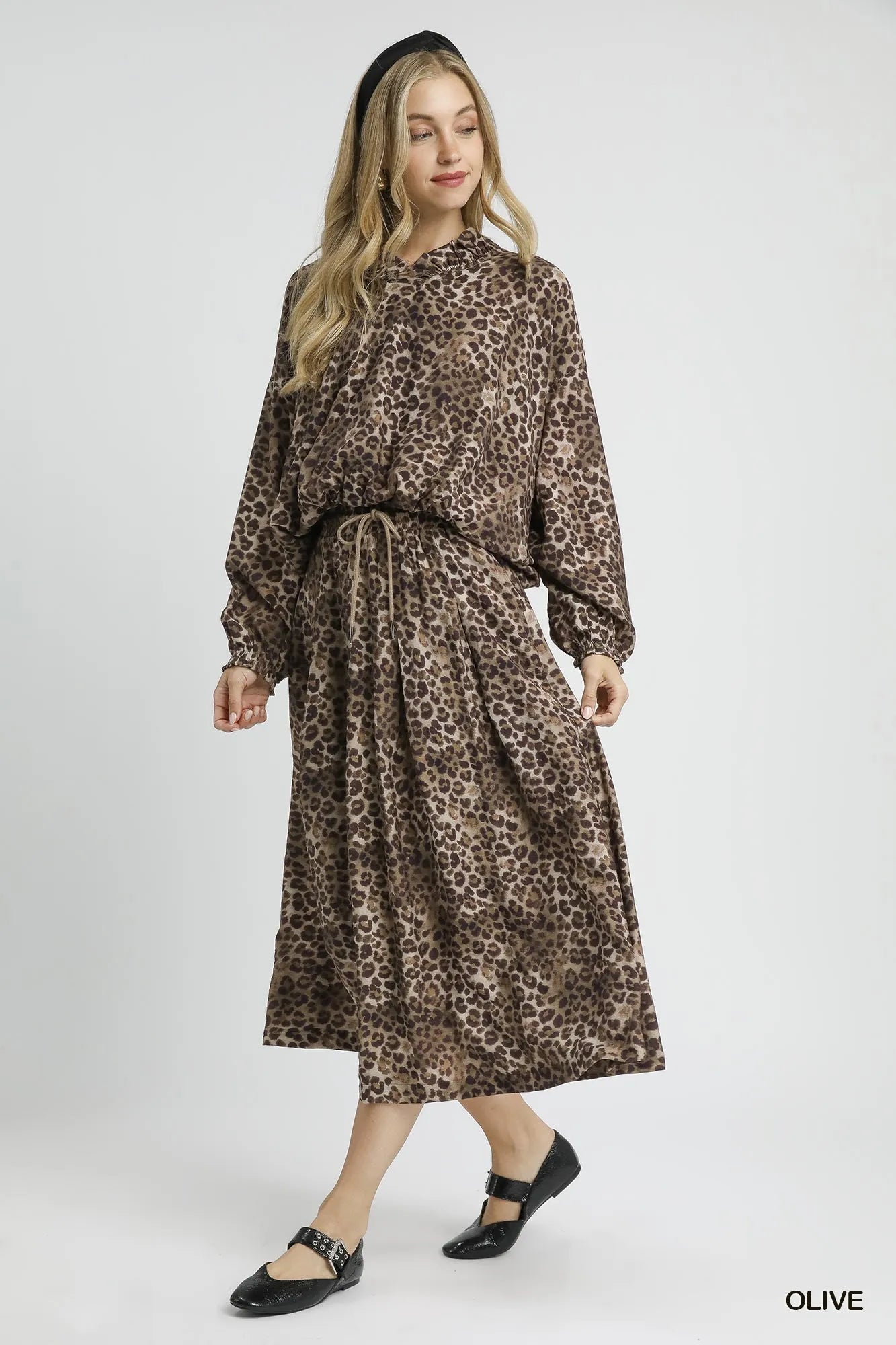 Drawstring Leopard Midi Skirt