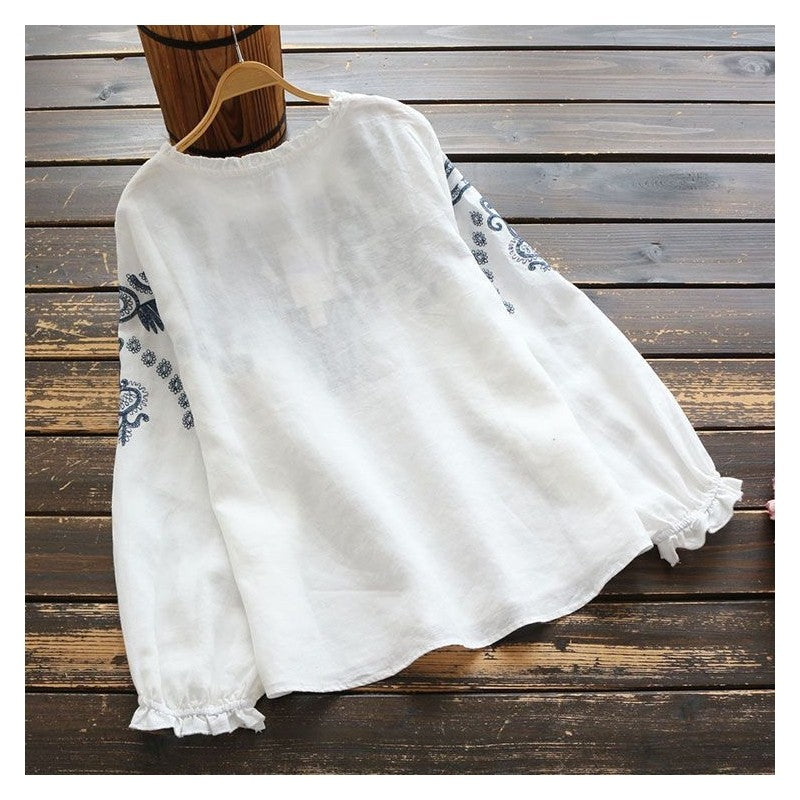 Ethnic-Inspired Loose Fit Pleated Long Sleeve T-Shirt with Embroidery