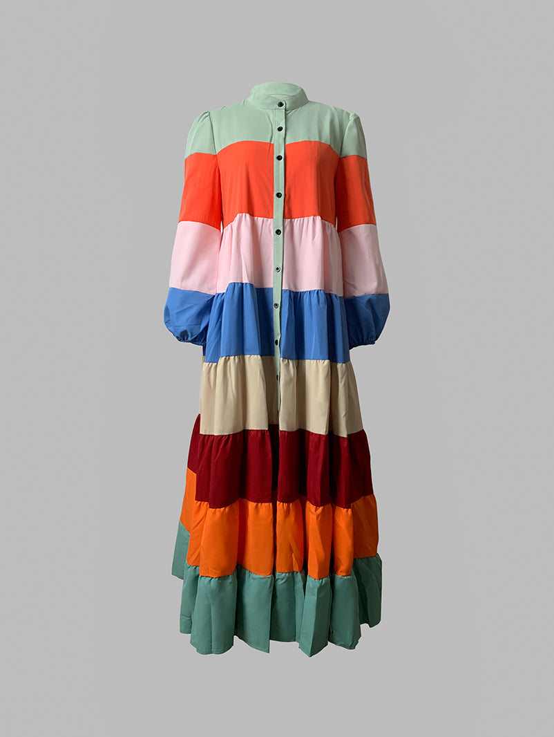 Loose Fit Long Sleeve Stand Collar Outerwear with Button Closure and Contrast Striped Detail