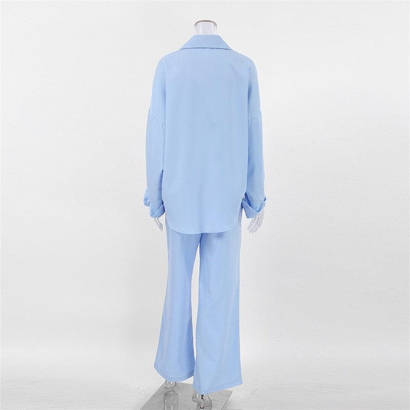 Casual Solid Color Shirt and Pants Ensemble