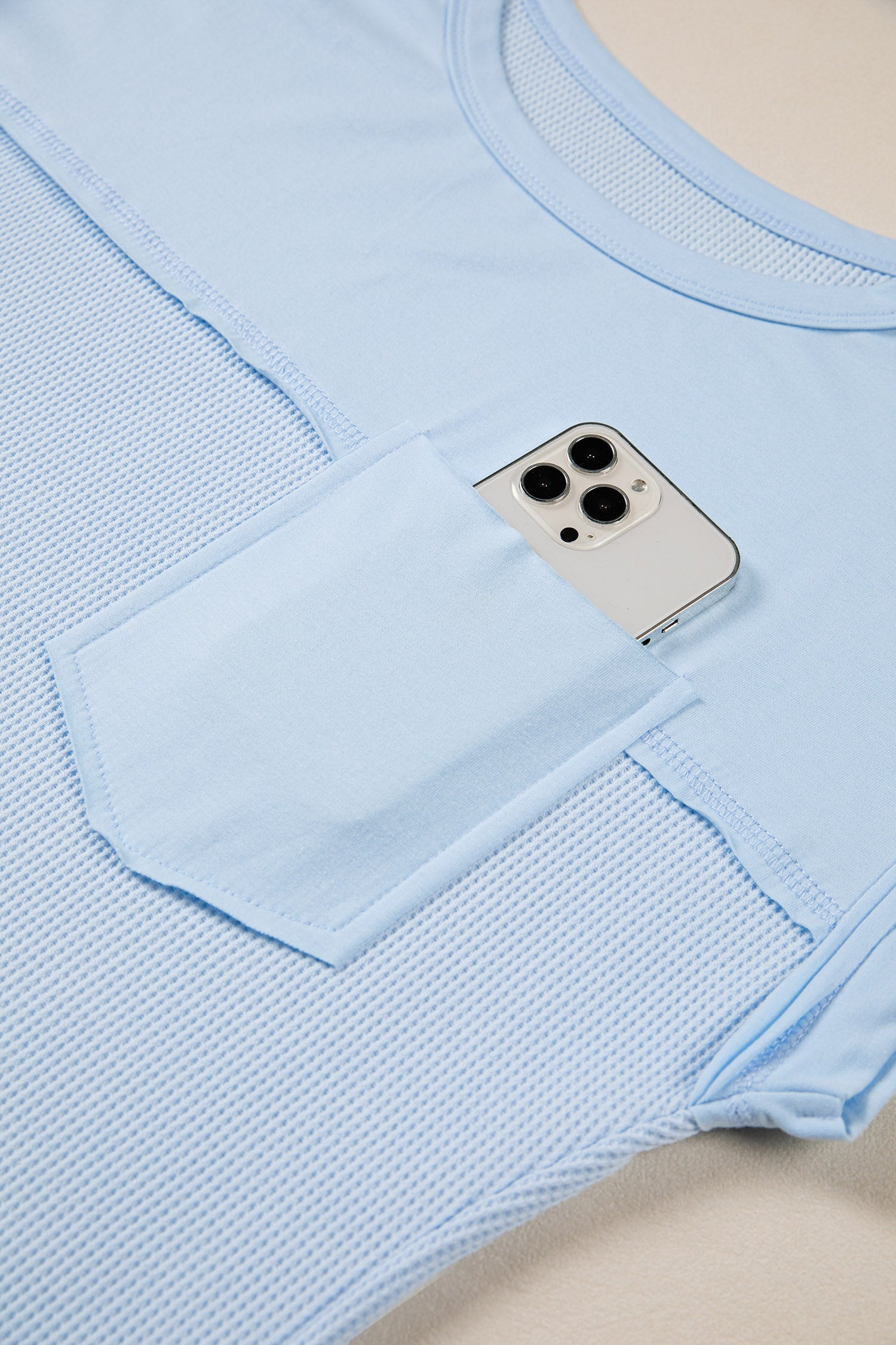 Light Blue Solid Color Raw Seam Waffled Patchwork Casual T Shirt