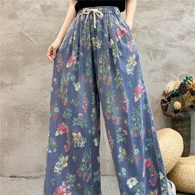 High-Waisted Loose Elastic Waistband Straight-Leg Pants