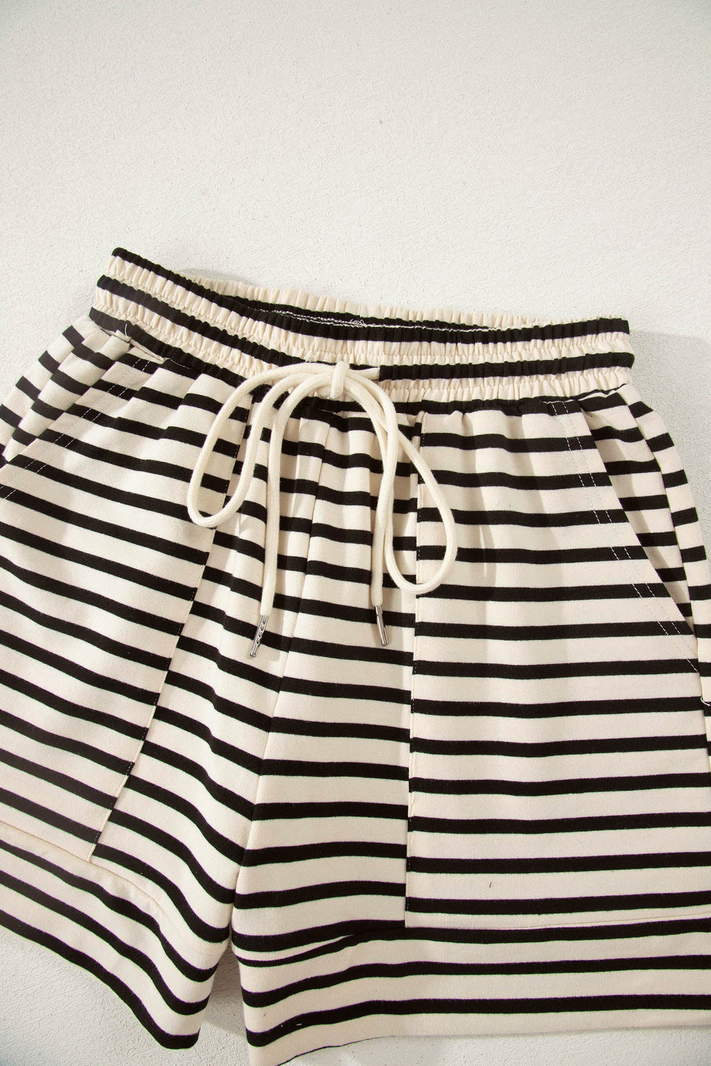 Black Stripe Ribbed Color Block Trim Zip Polo Tee Drawstring Shorts 2pcs Outfit