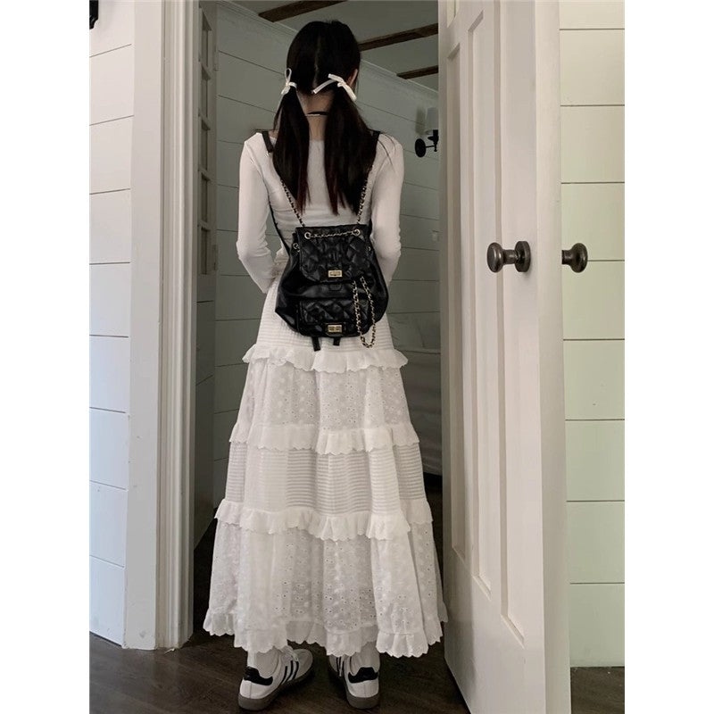 Solid Color Elastic Waist Lace Patchwork A-Line Maxi Skirt