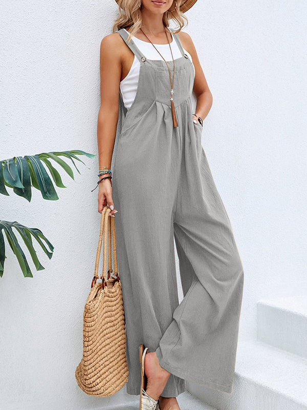 Loose Plus Size Pleated Split-Joint Spaghetti-Neck Overalls