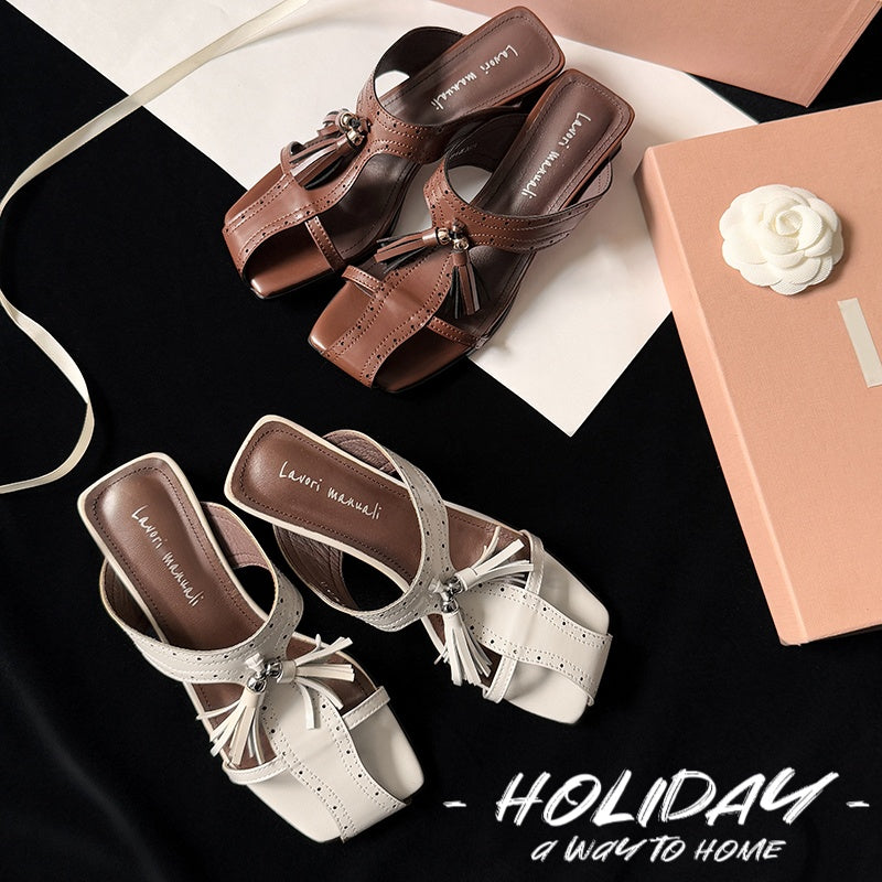 Women's Tassel Slide Sandals | Square Toe Block Heel Cowhide Mules
