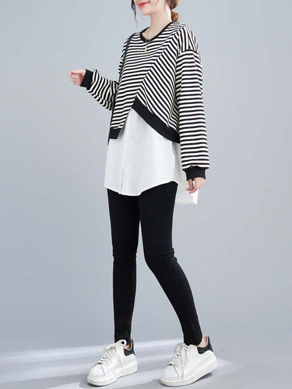 Original Long Sleeves False Two Striped Round-Neck Hoodies&Sweatshirt Tops