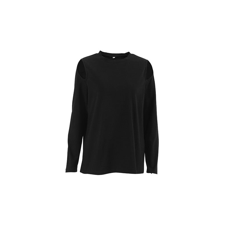 Simple Black Cotton Off-Shoulder Cutout Long Sleeve Top