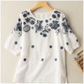 Embroidered Linen-Cotton Relaxed Fit Round Neck T-Shirt