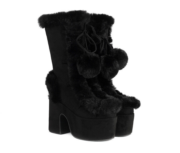 Women's Mid-Calf Chunky Heel Furry Boots – Suede Platform Winter Boots