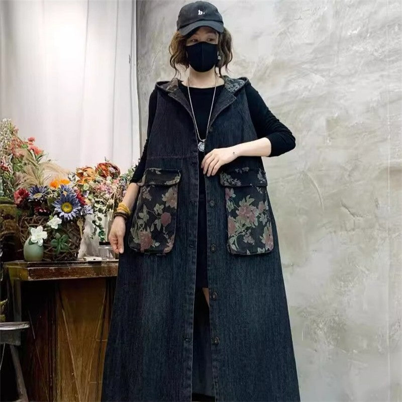 Sleeveless Denim Vest With Hood And Floral Print