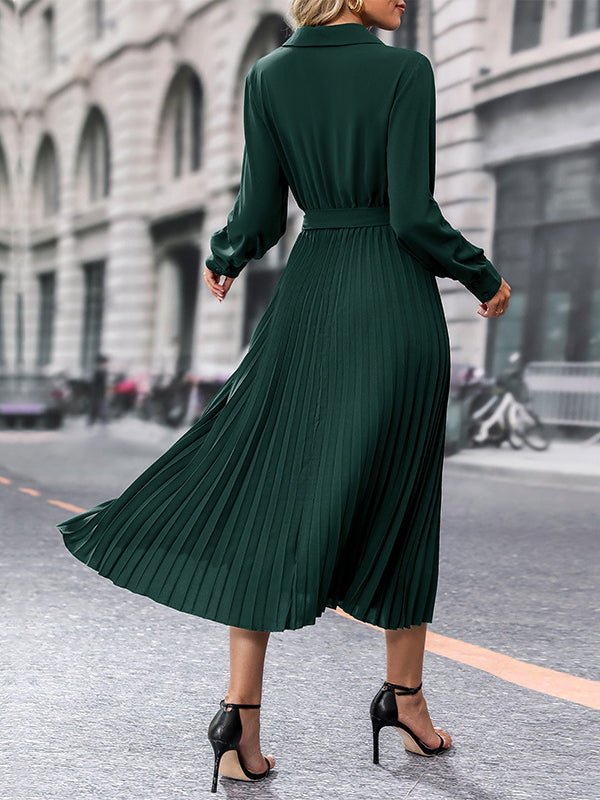 A-Line Long Sleeves Belted Buttoned Pleated Lapel Midi Dresses