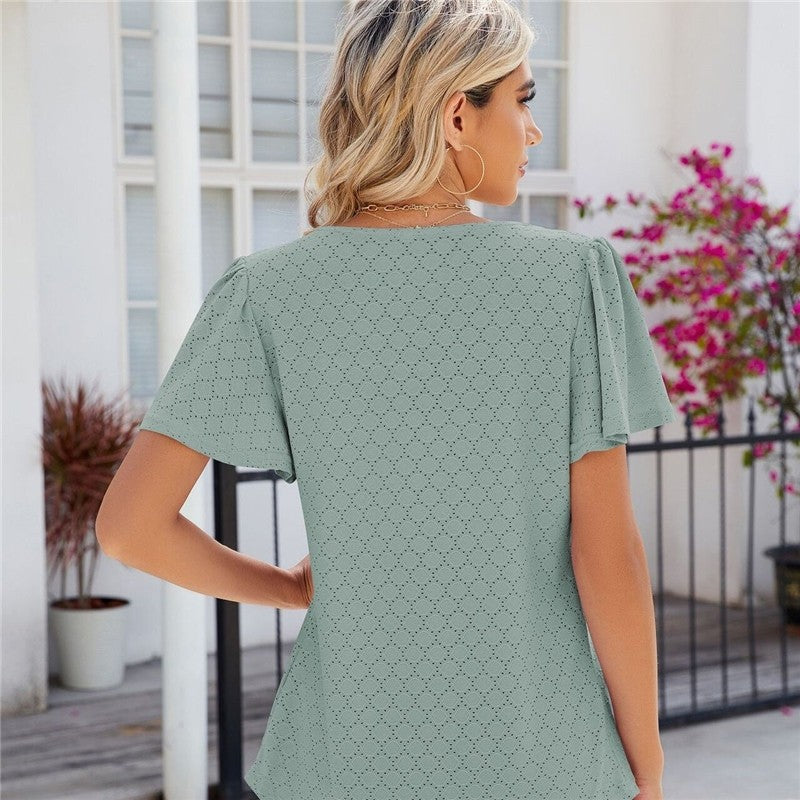 Solid Color V-Neck Pleated Short Sleeve Loose Fit T-Shirt