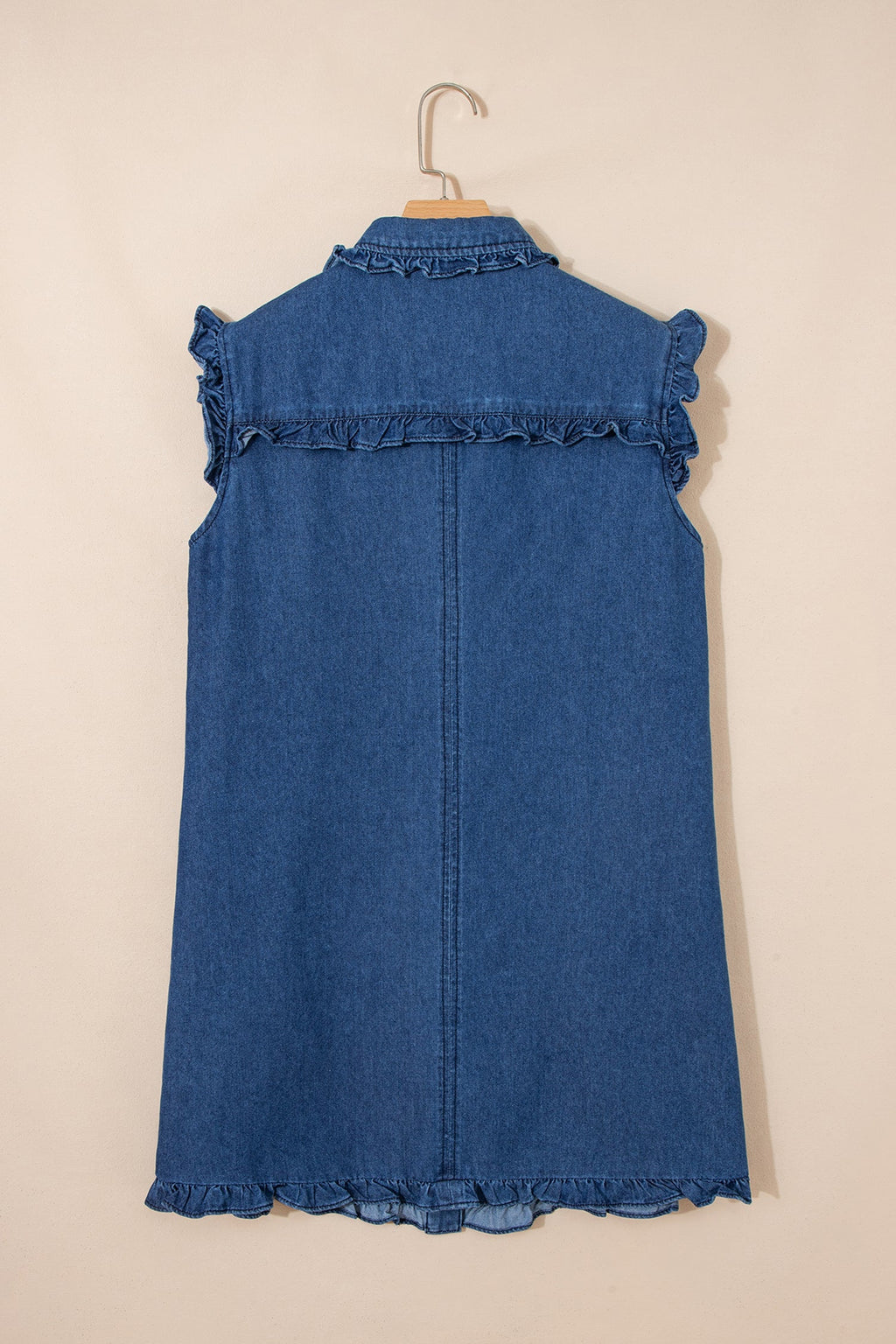 Sail Blue Ruffled Edge Collared Shift Denim Dress with Pockets