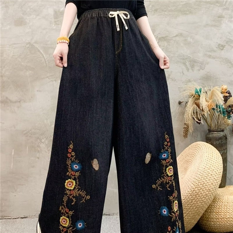 Embroidered High-Waisted Wide Leg Trousers With Tie Waist