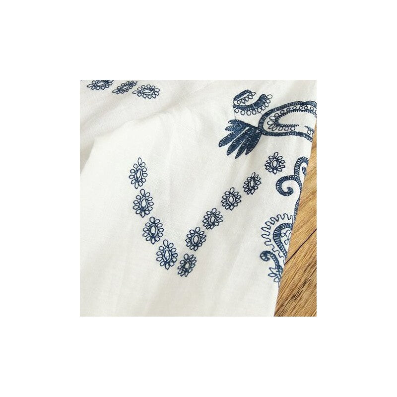 Ethnic-Inspired Loose Fit Pleated Long Sleeve T-Shirt with Embroidery