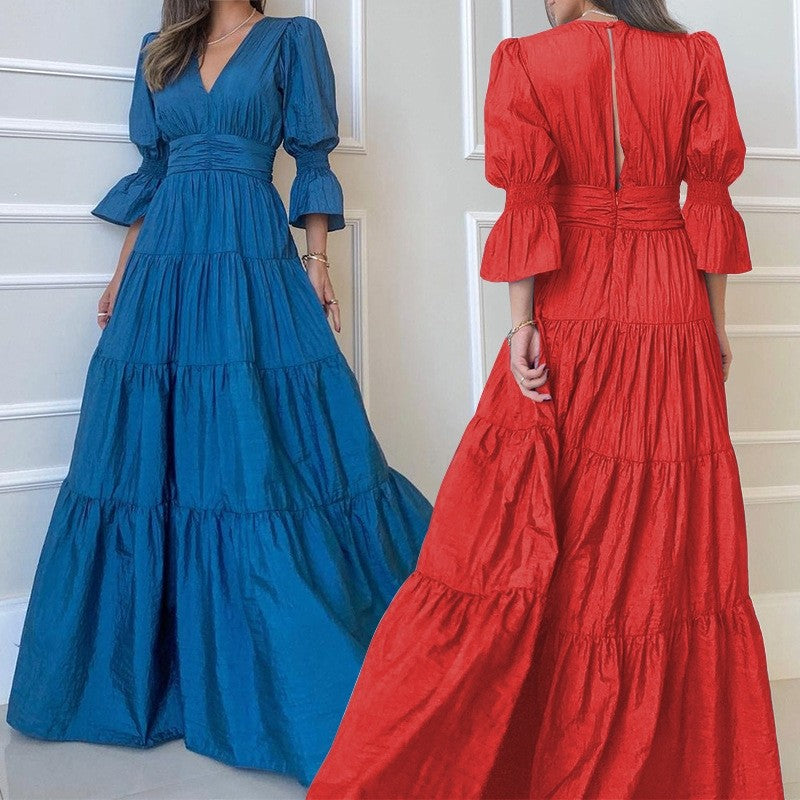Chic Solid V-Neck Long Sleeve Midi Dress