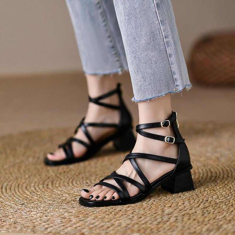 Women's Brown Strappy Stiletto Heels – Vintage Roman Square Toe Sandals with Back Zipper