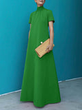 Relaxed Fit Short Sleeve Solid Color High-Neck Maxi Dress