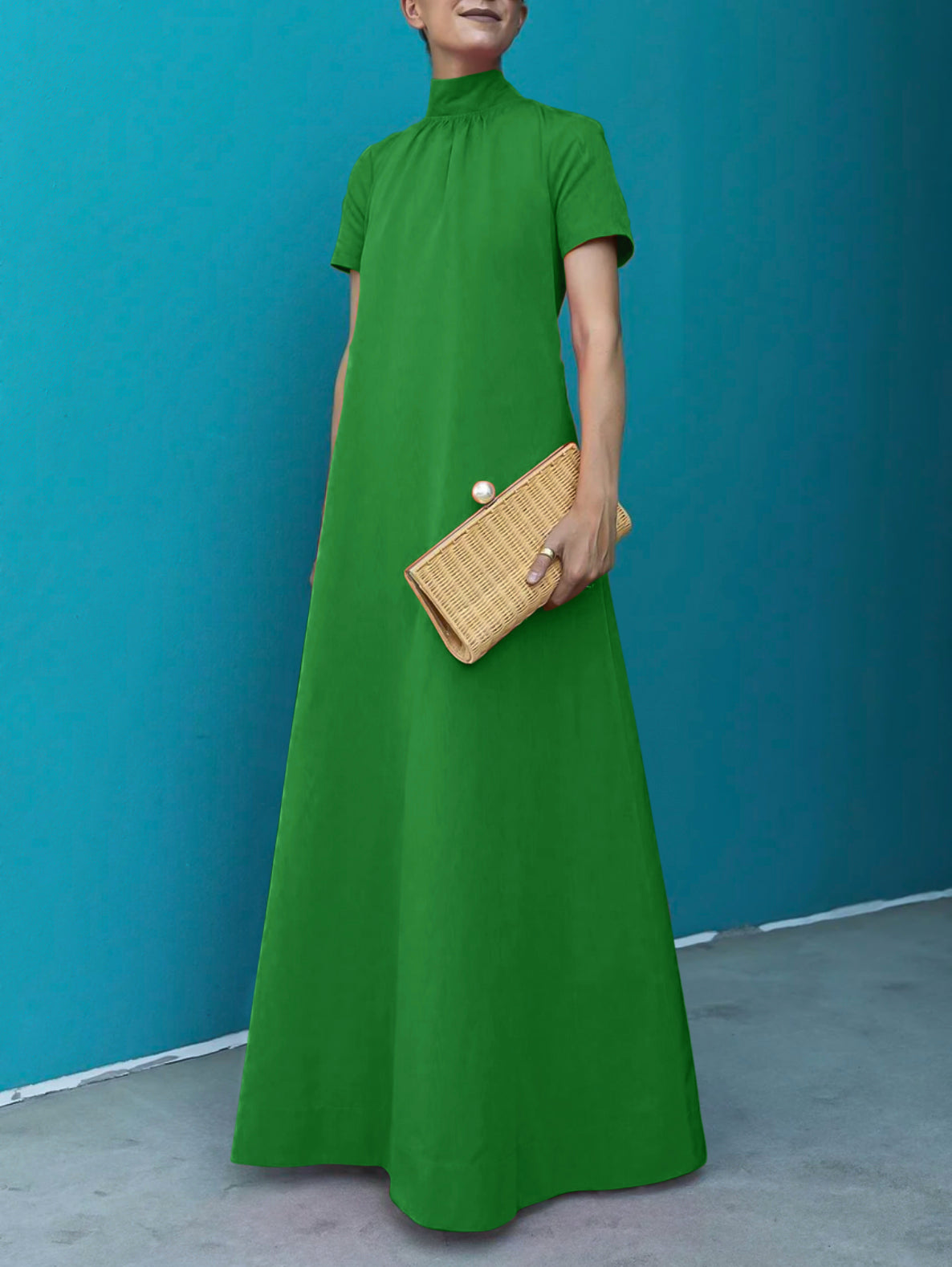Relaxed Fit Short Sleeve Solid Color High-Neck Maxi Dress