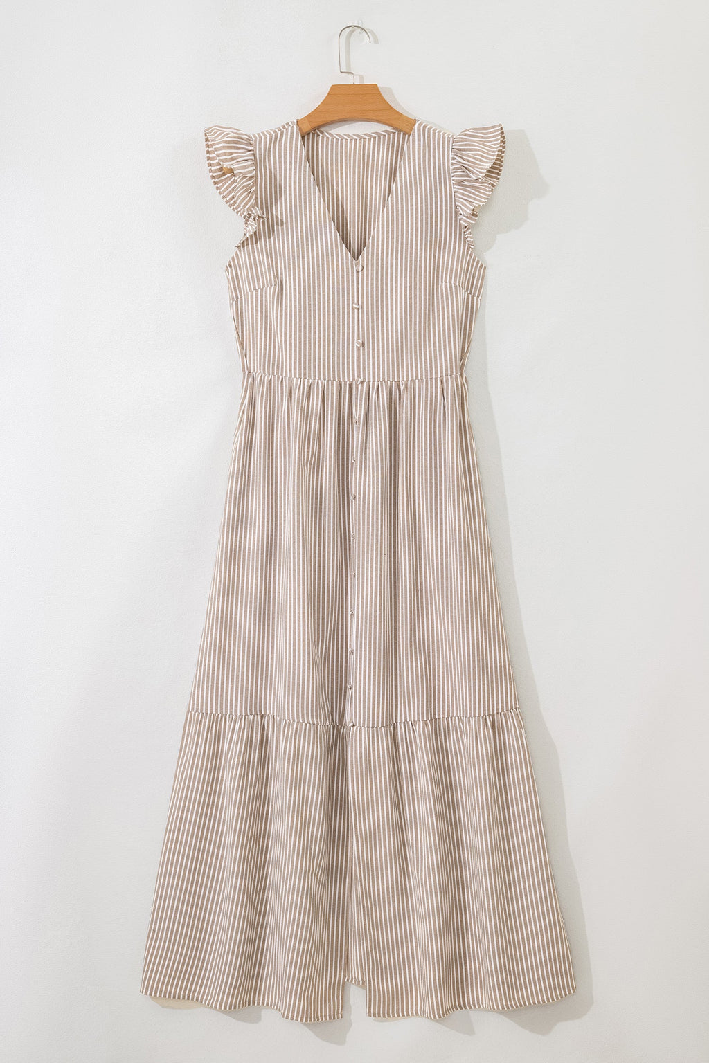 Khaki Stripe Flutter Sleeve Buttoned Front Slit Maxi Dress
