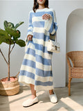 Stylish Loose Striped Round-Neck Sweater Dresses