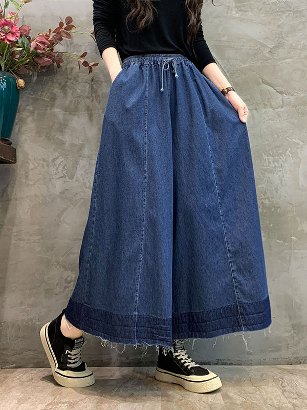 Loose Wide Leg Drawstring Elasticity Fringed Pockets Jean Pants Bottoms