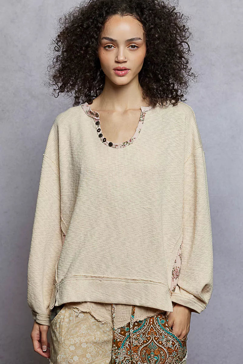 Balloon Sleeve Oversized Ribbed Top with Floral Pattern Contrast