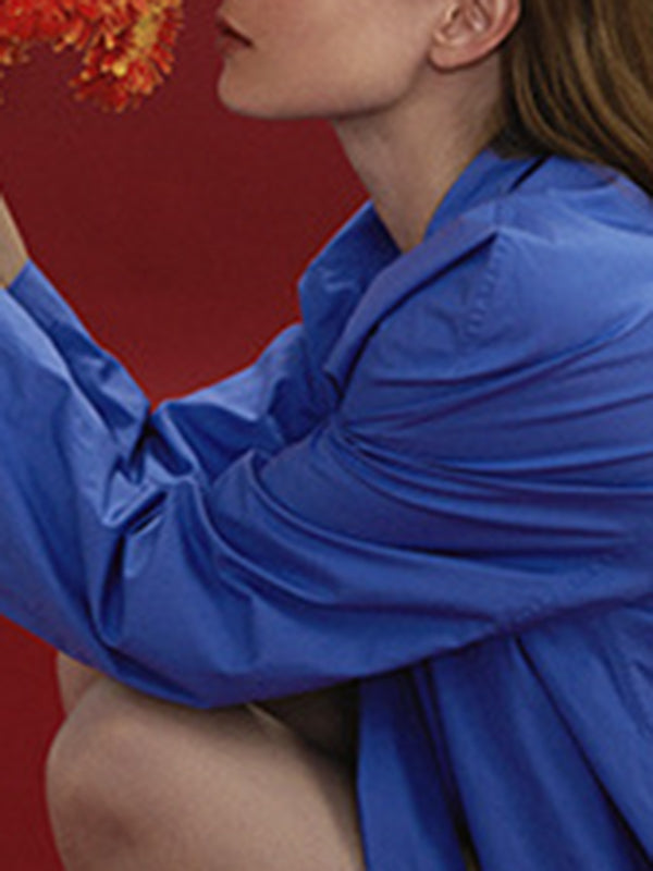 Long Sleeves Loose Solid Color Split-Joint Streamer High Neck Blouses