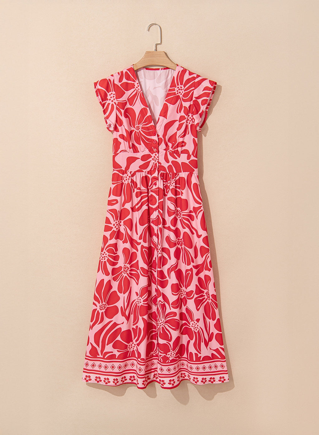 Red Boho Floral Short Sleeve V Neck Buttoned Shirred Waist Long Dress