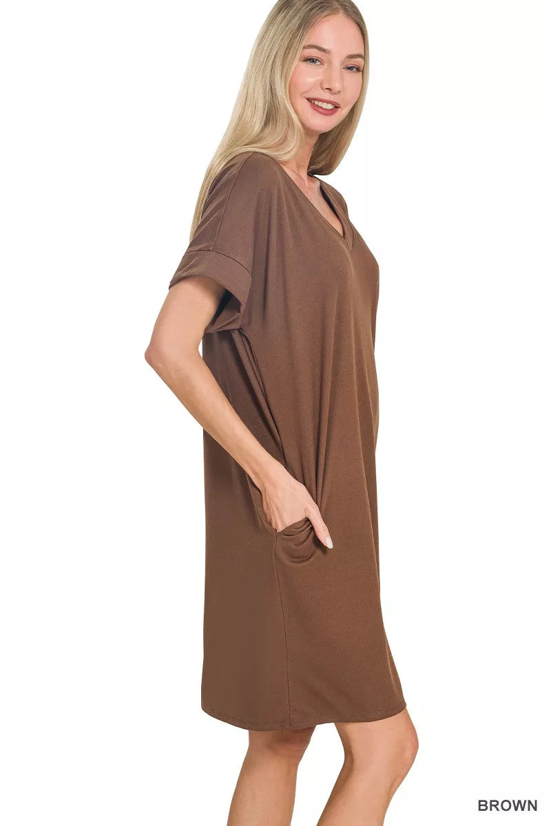 Brushed Dty Rolled Short Sleeve V-Neck Dress