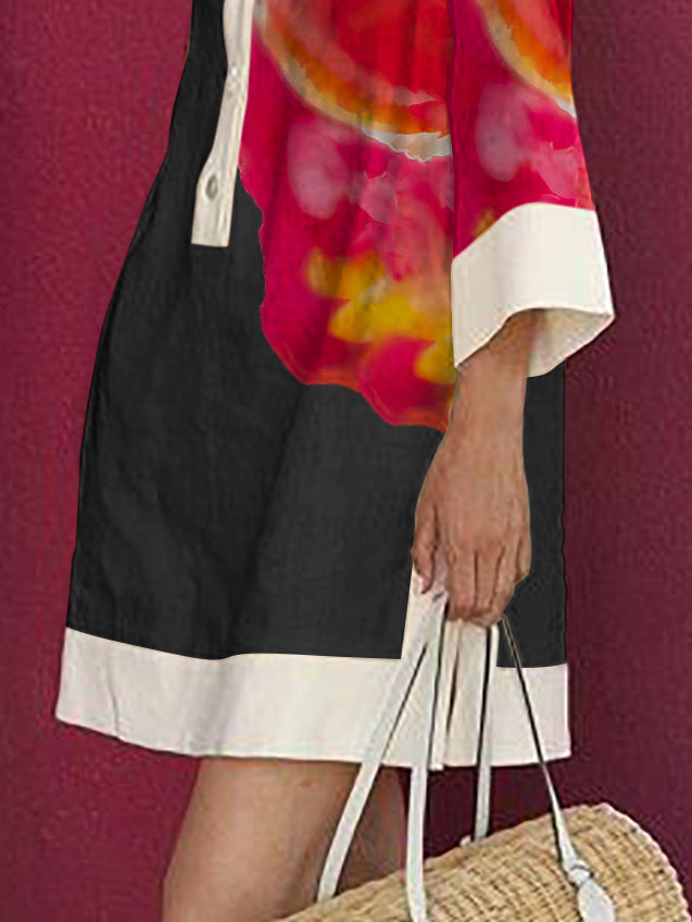 Floral Print Button-Up Shirt Dress with Three-Quarter Sleeves and Contrast Lapel