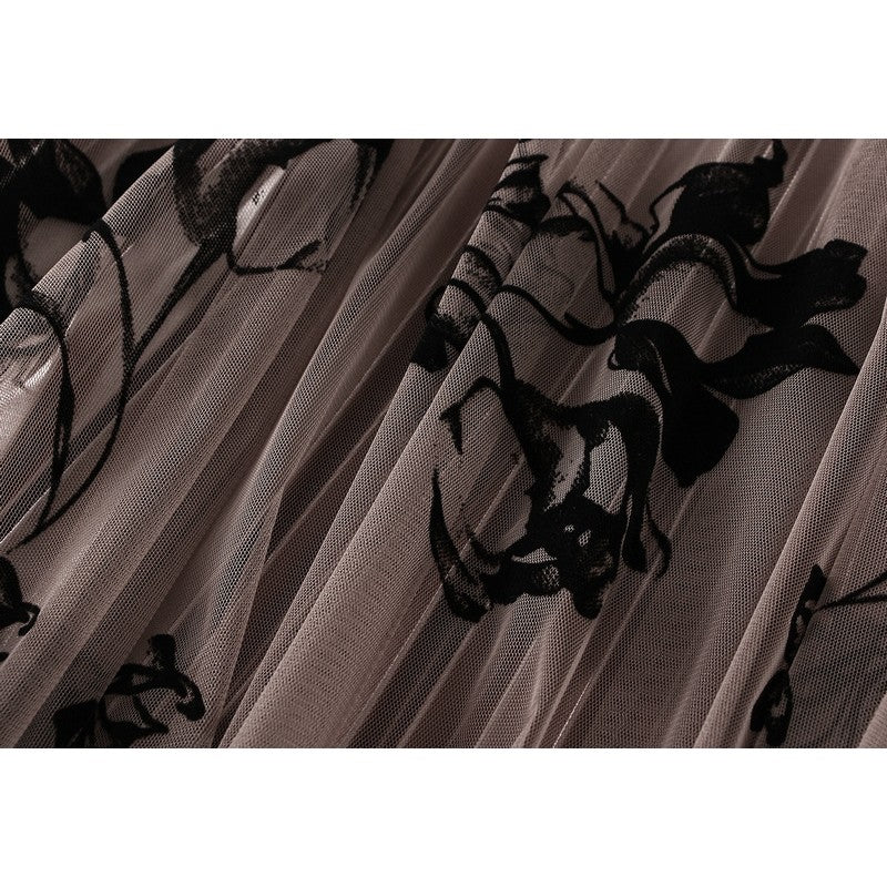 Floral Flock Mesh Patchwork A-Line Skirt