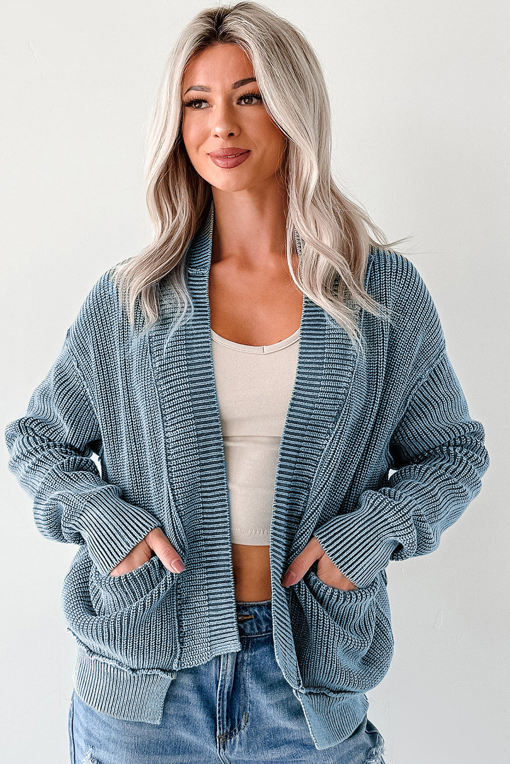 Evergreen Mineral Wash Exposed Seam Patchwork Knit Open Sweater Cardigan