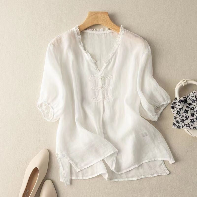 Embroidered Loose Fit V-Neck Short Sleeve T-Shirt