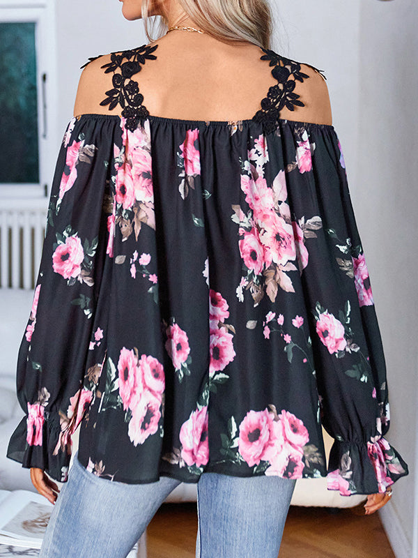 Flared Sleeves Loose Elastics Floral Printed Hollow Cold Shoulder Blouses